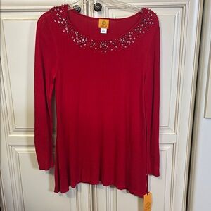 Ruby Rd. Red Long Sleeve Top with Embellished Neckline